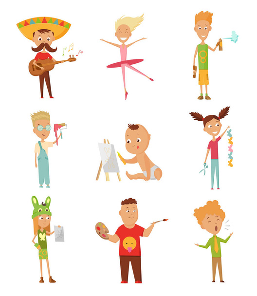 Set of kid activity, kid painting a picture, playing a guitar, Dancing Ballet, cutting color paper, sings a song. Vector and illustration. - Vector, Image