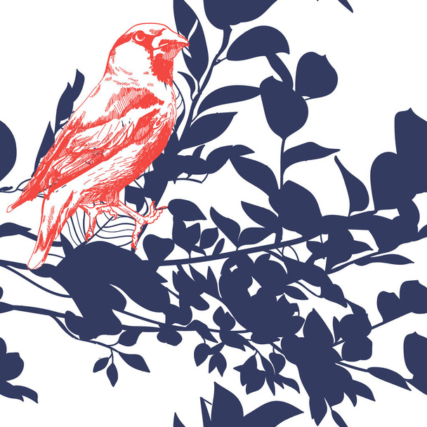 Seamless pattern with leaves and birds . Stylish freehand drawing . - Vettoriali, immagini