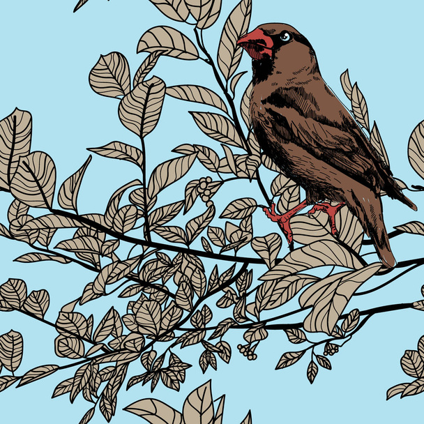 Seamless pattern with leaves and birds . Stylish freehand drawing . - Vector, Image