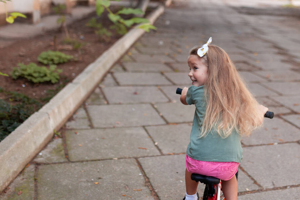 Emotionales Porträt eines positiven und fröhlichen kleinen Mädchens mit langen Haaren, das im Park spazieren geht. glückliche Kindheit. Sommerzeit. Sommerurlaub in der Natur - Foto, Bild