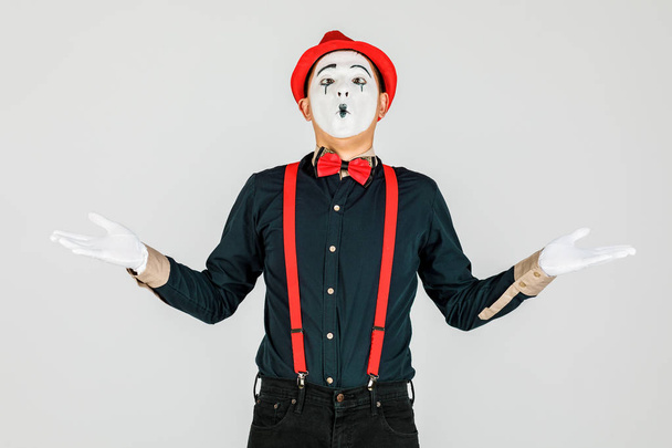 Close-up portrait of a clown, MIME, on a white background. - Photo, image