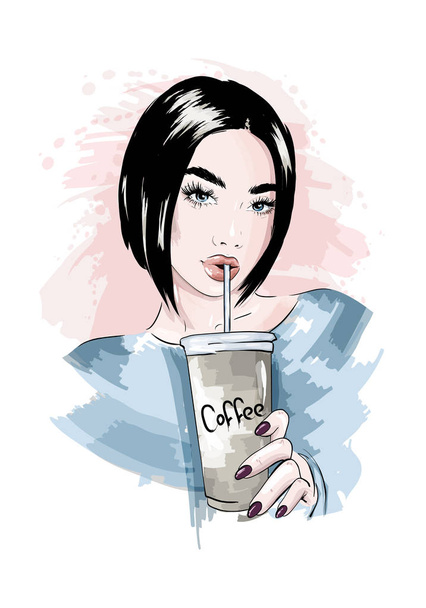 Beautiful young woman with plastic coffee cup in her hand. Styli - Вектор,изображение