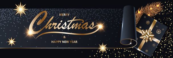Buon Natale e Felice Anno Nuovo 2020 splendente Natale lusso nero scintillio sfondo con testo in oro, coriandoli, abete, confezione regalo con un nastro d'oro e fiocco, illustrazione vettoriale
. - Vettoriali, immagini