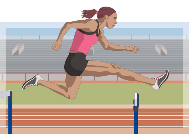 female hurdler jumping over hurdle with stadium in the background - Vector, Image