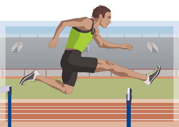 male hurdler jumping over hurdle with stadium in the background - Vector, Image