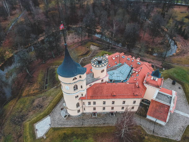 Aerial view of the castle BIP surrounded by a moat. Castle of Paul the first. 01.11.2019 Russia, Saint-Petersburg, Pavlovsk. - Photo, Image
