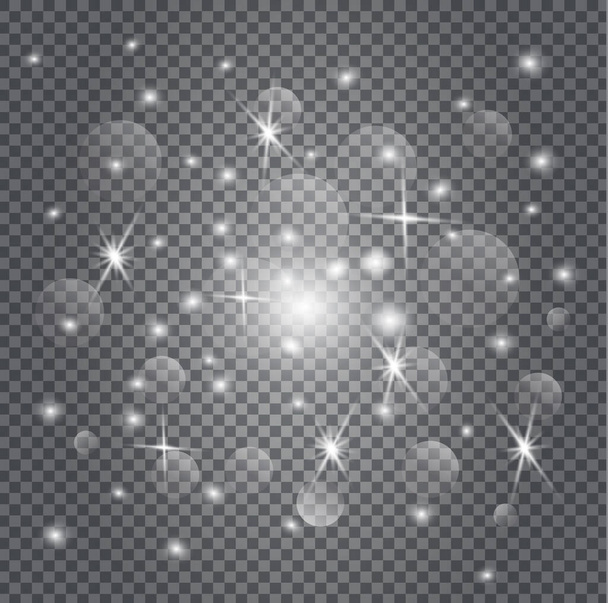 Csillámlik a csillagpor. Fehér karácsonyi szikrák átlátszó háttérrel. Ragyogó, ragyogó textúra kiemeli. - Vektor, kép