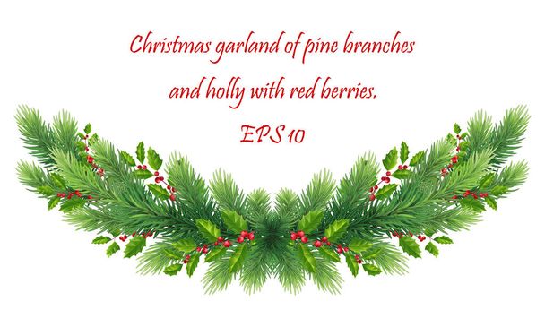 Рождественская гирлянда с ветками елки, зеленый лист падуба
 - Вектор,изображение