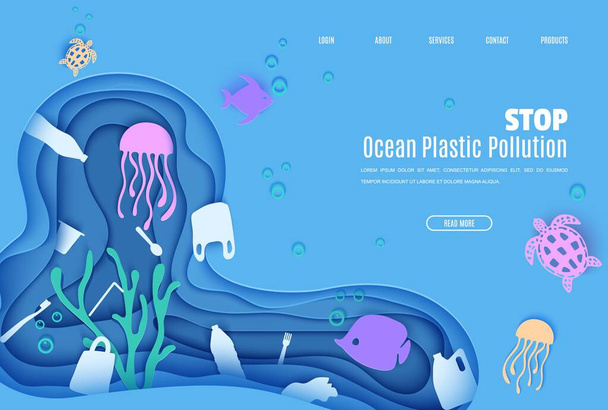 Шаблон дизайну веб-сторінки зупинити забруднення океану пластиком у стилі паперового вирізу. Підводна морська печера з білим пластиковим мішком, пляшкою, смітними рибами коралових рифів морськими водоростями. Векторна екологічна концепція
. - Вектор, зображення