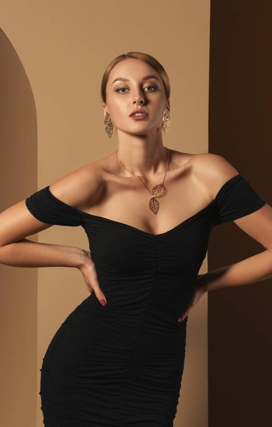 Κάθετη φωτογραφία στούντιο του ελκυστική κοπέλα σε μαύρο φόρεμα και φορώντας χρυσό κολιέ και σκουλαρίκια - Φωτογραφία, εικόνα