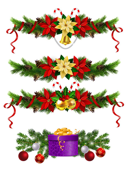 Weihnachtsschmuck mit Tannenbaum goldene Glöckchen - Vektor, Bild