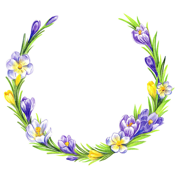 Spring wreath of crocus flowers - Фото, изображение