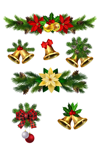 Christmas decorations with fir tree golden jingle bells - Vector, Image