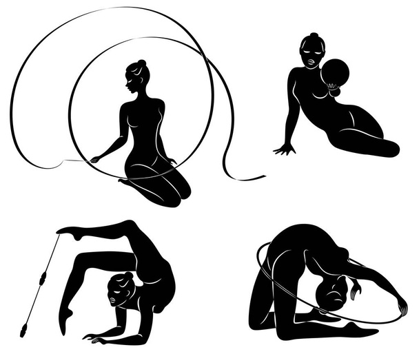 Collection. Rhythmic gymnastics. Silhouette of a girl with maces, ball, ribbon, hoop. Beautiful gymnast. The woman is slim and young. Vector illustration of a set. - Vector, Image