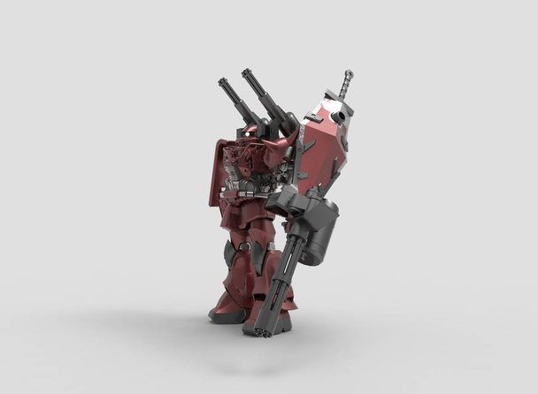 Science-Fiction-Mechaniker, der vor einem Landschaftsbild steht. militärische futuristische Roboter mit einer grünen und grauen Farbe Metall. mech, das von einem Piloten gesteuert wird. zerkratzte Metallpanzerroboter. mech Schlacht. 3D-Darstellung - Foto, Bild