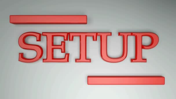 A escrita SETUP em letras vermelhas em um fundo branco, com duas linhas horizontais que vão de um lado para o outro e volta - 3D renderização vídeo clip
 - Filmagem, Vídeo