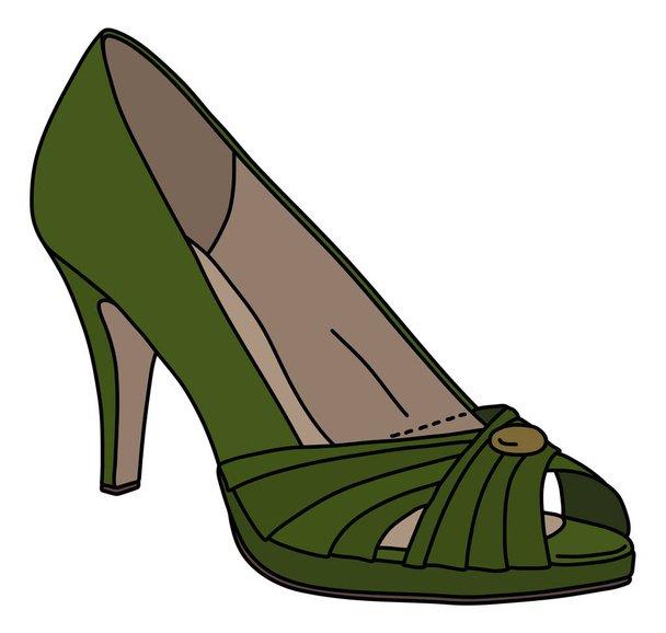 Yüksek topuklu yeşil kadın ayakkabısının vektörel el çizimi. - Vektör, Görsel