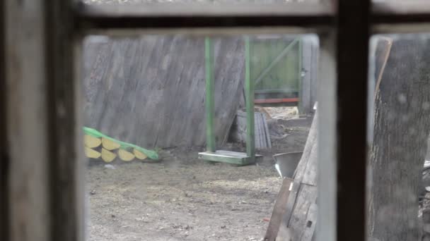 grüne Holzschaukel, die sich im Hinterhof von selbst im Wind schwingt, mit einem Zaun und einem Holzstapel im Hintergrund - Filmmaterial, Video