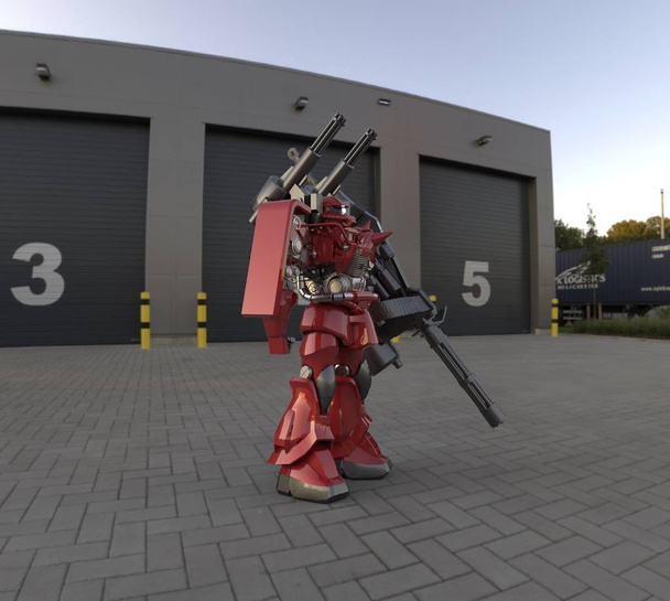 Sci-Fi хутро солдата стоячи на фоні ландшафту. Військовий футуристичний робот з зеленим і сірим кольором металу. Механіка контролюється пілотом. Подряпаний металевий обладунок робота. Інженерна битва. 3D-рендерінг - Фото, зображення
