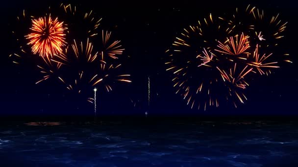 Die Schönheit des Feuerwerks spiegelt sich im Wasser des Sees wider. Ein buntes Feuerwerk erhellt den Himmel. der Blick auf das Feuerwerksfest. - Filmmaterial, Video