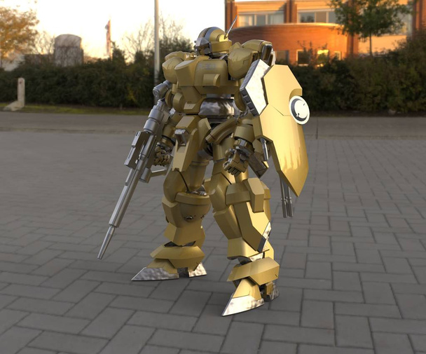 Science-Fiction-Mechaniker, der vor einem Landschaftsbild steht. militärische futuristische Roboter mit einer grünen und grauen Farbe Metall. mech, das von einem Piloten gesteuert wird. zerkratzte Metallpanzerroboter. mech Schlacht. 3D-Darstellung - Foto, Bild