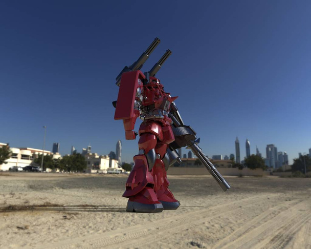 Sci-Fi Mech soldaat staande op een landschaps achtergrond. Militaire futuristische robot met een groene en grijze kleur metaal. Mech bestuurd door een piloot. Bekraste metalen Armor robot. Mech-strijd. 3D-rendering - Foto, afbeelding