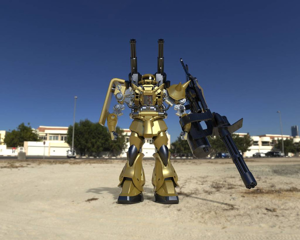 Sci-fi mech sotilas seisoo maiseman taustalla. Military futuristinen robotti vihreä ja harmaa väri metallia. Lentäjän ohjaama mecha. Naarmuuntunut metallipanssari robotti. Mechin taistelu. 3D-renderointi
 - Valokuva, kuva