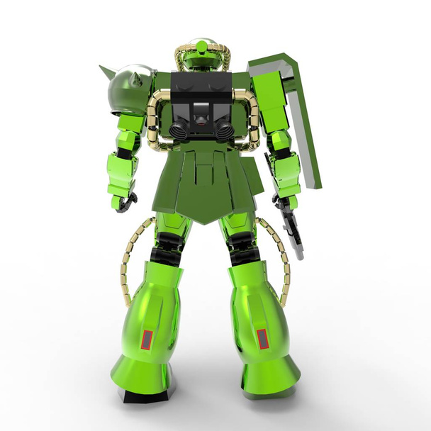 Воин-механик, стоящий на белом фоне. Военный футуристический робот с зеленым и серым цветом металла. Мех контролируется пилотом. Царапины из металлических доспехов. Битва мехов. 3D рендеринг
 - Фото, изображение