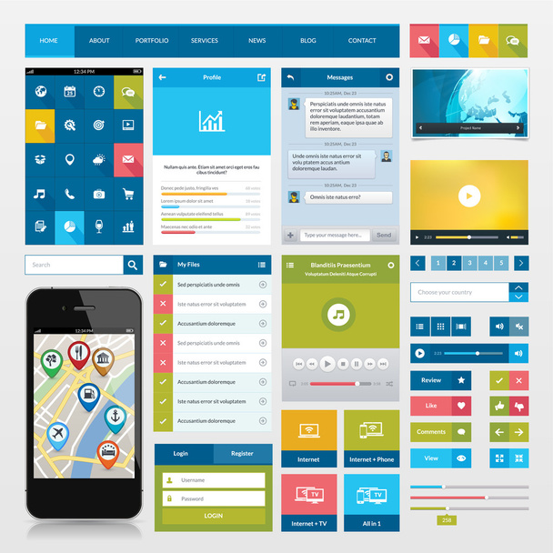 płaski ikony i elementy interfejsu użytkownika sieci web dla mobilnych aplikacji i strony internetowej projektu - Wektor, obraz