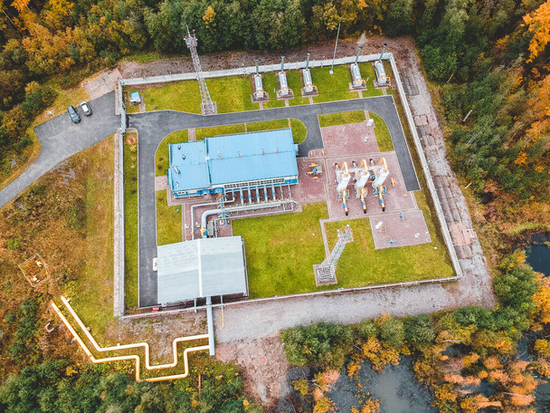 aerialphoto water treatment plants, factory in the coniferous forest. The Solid Contact Clarifier Tank type Sludge Recirculation process in Water Treatment - Photo, Image