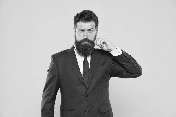 Serious motivated entrepreneur. Barbershop and stylist. Handsome guy concept. Because you worth it. Confident businessman handsome bearded man in formal suit. Successful handsome hipster top manager - Fotoğraf, Görsel