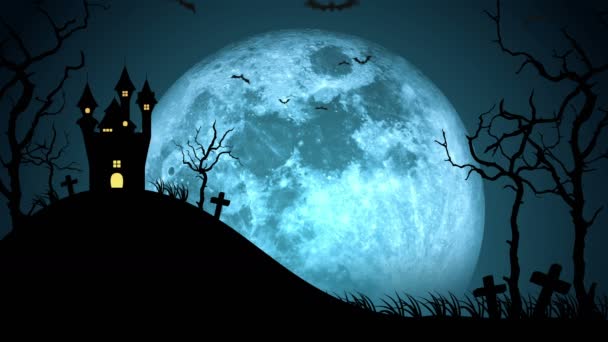 Halloween begraafplaats landschap silhouet. Spookachtige Halloween avond. Achtervolgd kasteel en volle maan. Lusanimatie. - Video