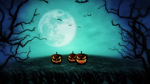Spookachtige Halloween nacht woestenij. Mystieke pompoenen in maanlicht. Apocalyptisch Halloween landschap. Lusanimatie. - Video