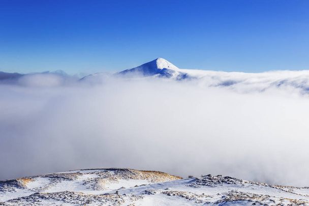 View of a winter snow-capped mountain peak above the clouds - Foto, Imagen