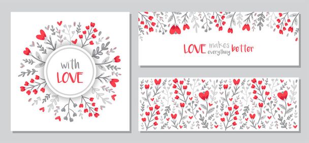 Cute set of Valentines Day floral backgrounds with hand drawn leaves and heart shaped flowers in doodle style - Vector, afbeelding