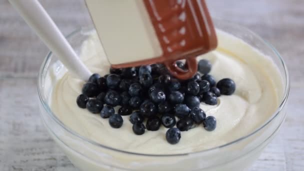 Pouring Blueberries Into Bowl Of Batter. - Filmati, video