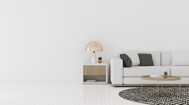 Blick auf Wohnzimmer mit Sofa und rundem Beistelltisch an leerer Wand und hellem Laminatboden. Perspektive minimalistischer Innenarchitektur mit Goldlampe. 3D-Darstellung. - Foto, Bild