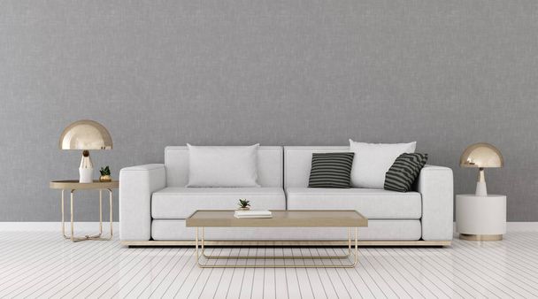 View of living room space with sofa and round side table on empty wall and bright laminate floor.Perspective of minimal interior design with gold lamp. 3d rendering. - Foto, imagen