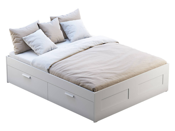 Białe podwójne łóżko ze schowkiem. 3d renderowanie - Zdjęcie, obraz
