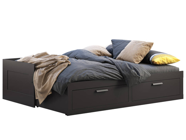 Ciemnobrązowe podwójne łóżko ze schowkiem. 3d renderowanie - Zdjęcie, obraz