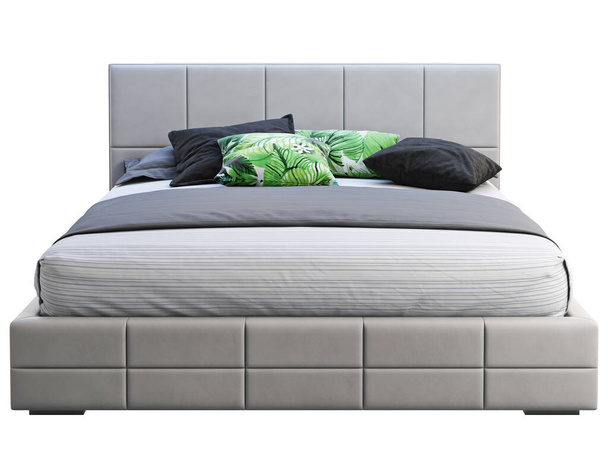 Moderní šedý kožený rám manželská postel s ložním prádlem a polštáři s přízvukem. 3D vykreslení - Fotografie, Obrázek