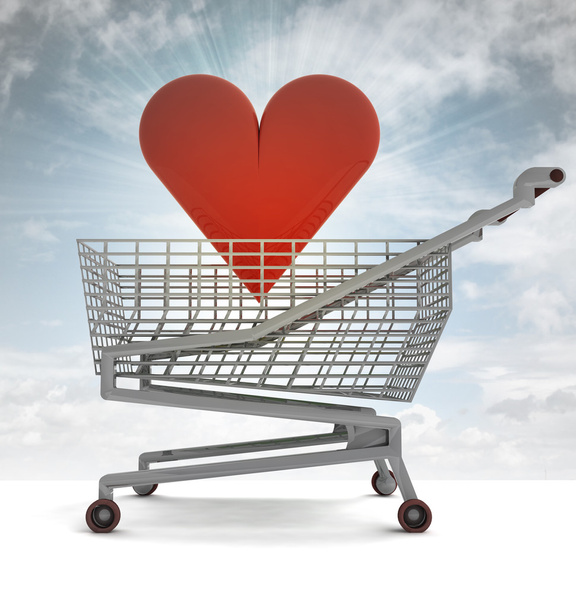 shoping cart with red heart and sky flare - Φωτογραφία, εικόνα