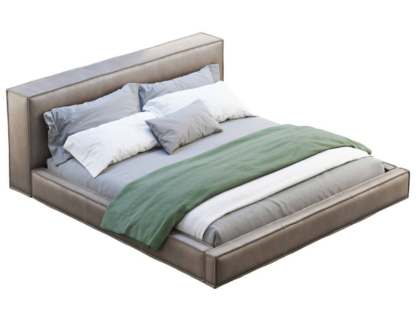 Loft hnědá kožená postel s ložním prádlem a přikrývkou. 3D vykreslení - Fotografie, Obrázek