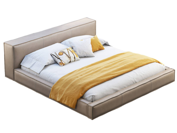 Loft cama plataforma de cuero marrón con ropa de cama y manta. 3d renderizar
 - Foto, Imagen