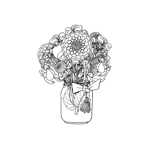 さまざまな花、ダリア、ストックフラワー、甘いエンドウ豆の手描きのドアスタイルの花束 - ベクター画像