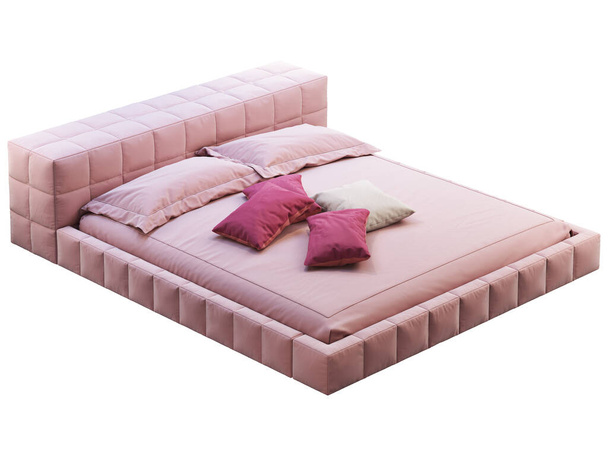 Luxo cama king size quadrado rosa com almofadas de acento. Renderização 3d
 - Foto, Imagem