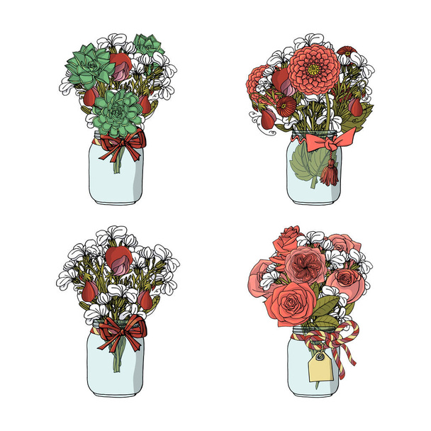 さまざまな花、バラ、ダリア、ストックフラワー、甘いエンドウ豆、多肉植物の手描きのドアスタイルの花束. - ベクター画像