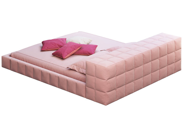 Πολυτελές king size ροζ τετραγωνισμένο κρεβάτι με μαξιλάρια προφορά. 3d απόδοση - Φωτογραφία, εικόνα