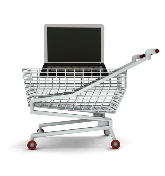 bought new laptop in shopping cart isolated - Фото, изображение