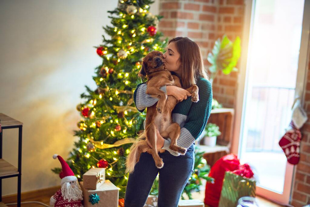 Mladá krásná žena se šťastně a sebevědomě usmívá. Držení a objímání psa kolem vánočního stromečku doma - Fotografie, Obrázek